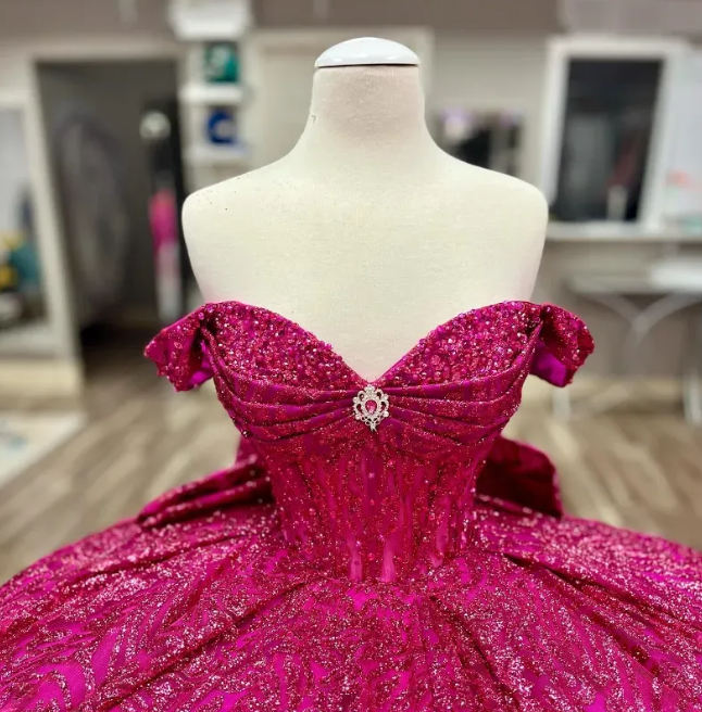 Robe de bal fuchsia à sequins épaules dénudées : tulle pailleté épais, décolleté en cœur, taille cintrée, robe de princesse pour banquet (gh6588)