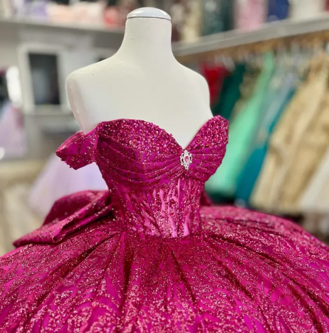 Robe de bal fuchsia à sequins épaules dénudées : tulle pailleté épais, décolleté en cœur, taille cintrée, robe de princesse pour banquet (gh6588)