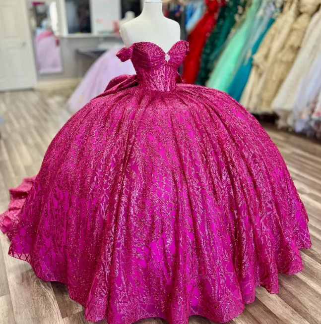 Robe de bal fuchsia à sequins épaules dénudées : tulle pailleté épais, décolleté en cœur, taille cintrée, robe de princesse pour banquet (gh6588)