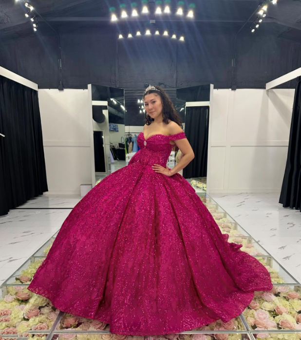 Robe de bal fuchsia à sequins épaules dénudées : tulle pailleté épais, décolleté en cœur, taille cintrée, robe de princesse pour banquet (gh6588)
