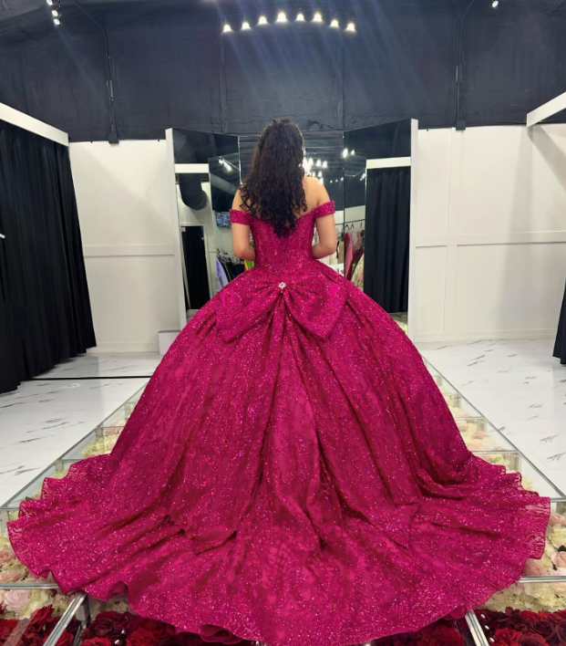 Robe de bal fuchsia à sequins épaules dénudées : tulle pailleté épais, décolleté en cœur, taille cintrée, robe de princesse pour banquet (gh6588)
