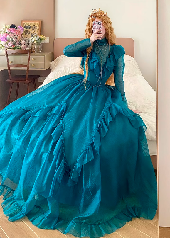 Pfauenblaues, hochgeschlossenes, langärmeliges, gestuftes Ballkleid aus Tüll in viktorianischer Retro-Manier für Partys und Abende (gh6740)