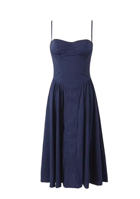 French retro square neckline, three-dimensional steel wire design, fitted waist, pleated slip dress, over-the-knee dress  11356