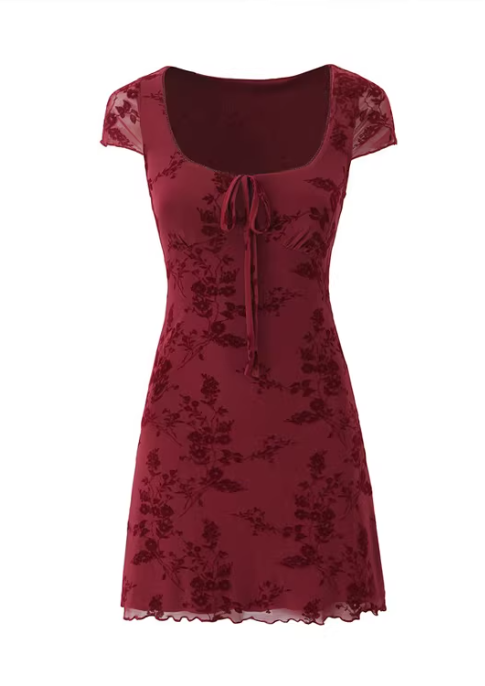 French retro square neckline bow floral flocked short-sleeved dress, slim-fitting A-line skirt  11358