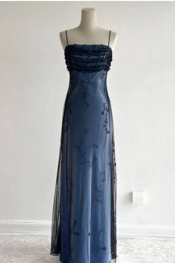 Navy Blue Tulle Beaded-Embroidered Sleeveless Floor-Length Vintage Gown gh6352
