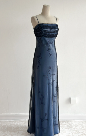 Navy Blue Tulle Beaded-Embroidered Sleeveless Floor-Length Vintage Gown gh6352