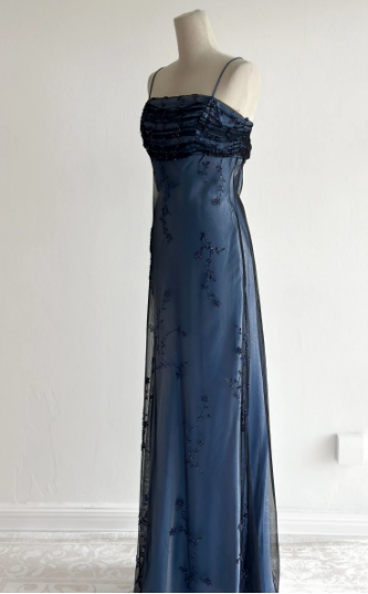 Navy Blue Tulle Beaded-Embroidered Sleeveless Floor-Length Vintage Gown gh6352