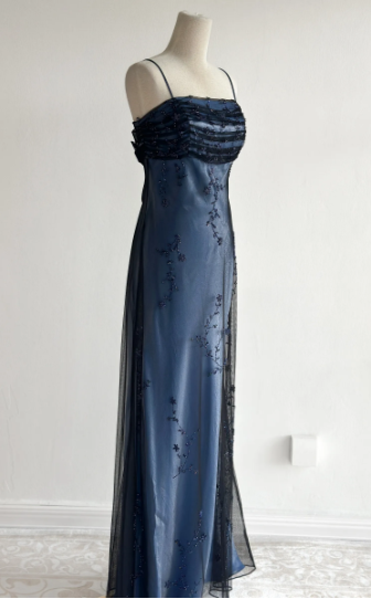 Navy Blue Tulle Beaded-Embroidered Sleeveless Floor-Length Vintage Gown gh6352