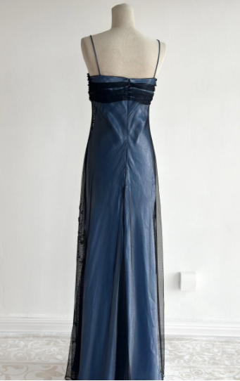 Navy Blue Tulle Beaded-Embroidered Sleeveless Floor-Length Vintage Gown gh6352