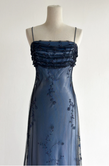 Navy Blue Tulle Beaded-Embroidered Sleeveless Floor-Length Vintage Gown gh6352