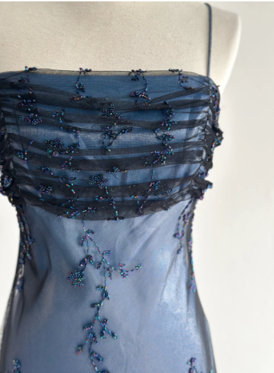 Navy Blue Tulle Beaded-Embroidered Sleeveless Floor-Length Vintage Gown gh6352