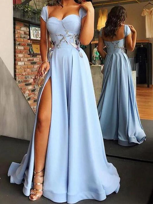 Robe de bal longue en A avec fente latérale bleue et manches courtes gh1062