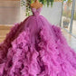 Robe de soirée plissée en tulle à volants et corsage en perles violet chérie gh951