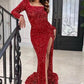 Red Long Sleeves Square Sequins Prom Dress Mermaid With Split gh778