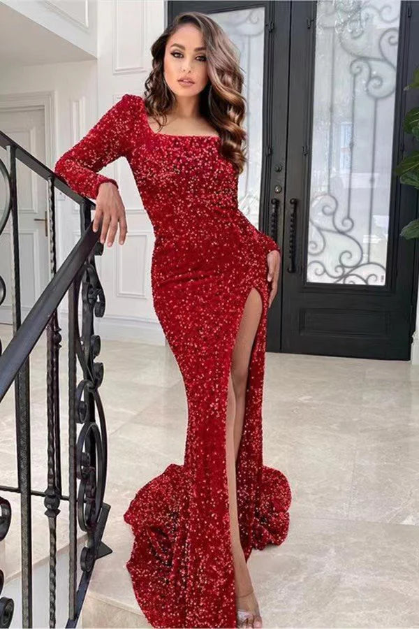 Red Long Sleeves Square Sequins Prom Dress Mermaid With Split gh778