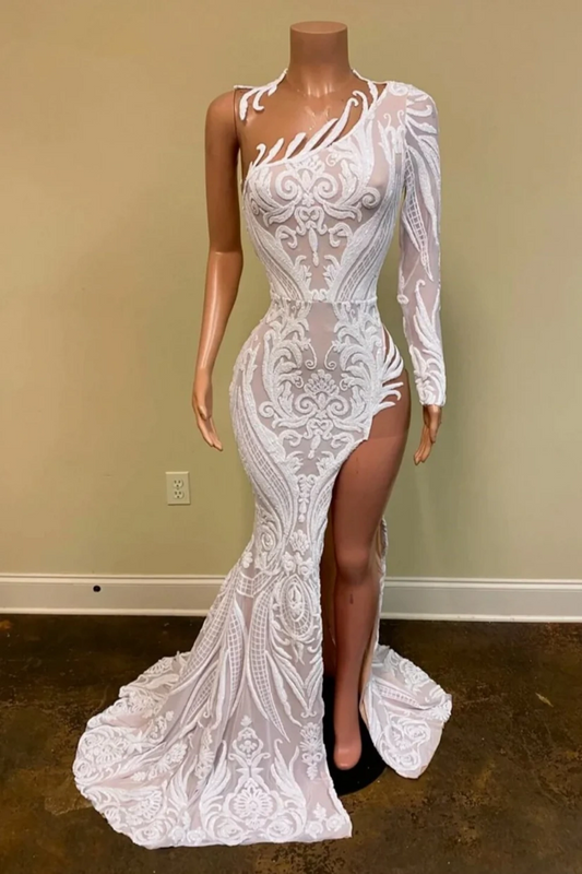 White One-Shoulder Long Sleeves Prom Dress Mermaid Sequins Lace With Split gh792