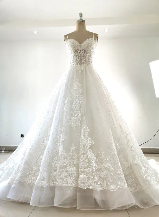 Beautiful Handmade Straps Lace Tulle Wedding Dress, Long Bridal Gown  gh435