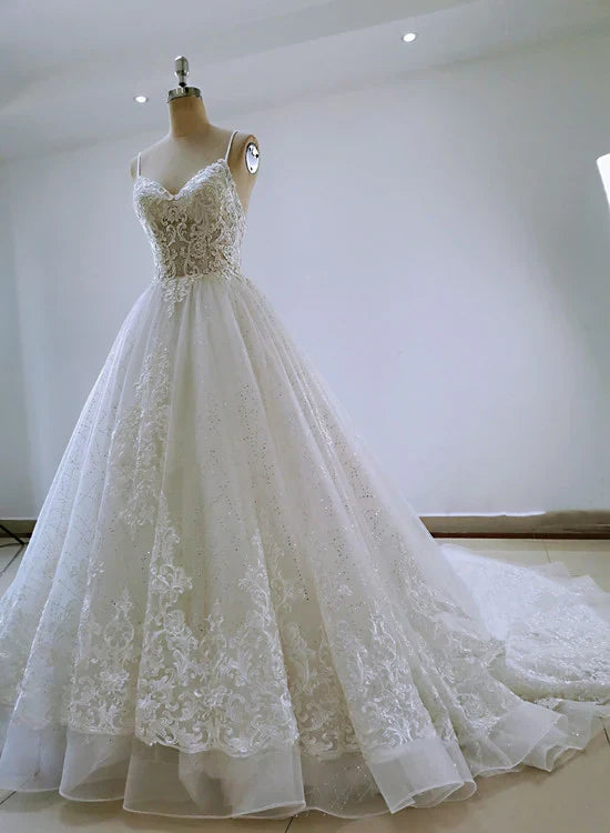 Beautiful Handmade Straps Lace Tulle Wedding Dress, Long Bridal Gown  gh435