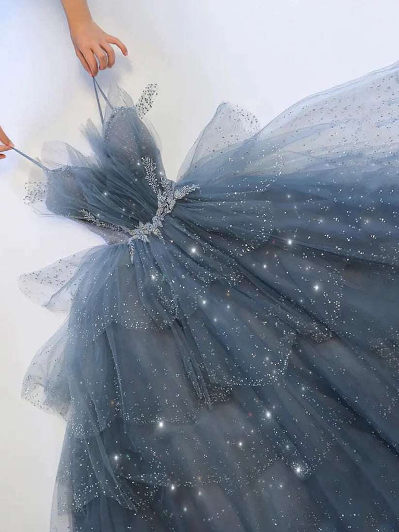 Wunderschönes blaues funkelndes Abendkleid aus Tüll mit Perlen, abgestuftes formelles Kleid mit Strass gh1001