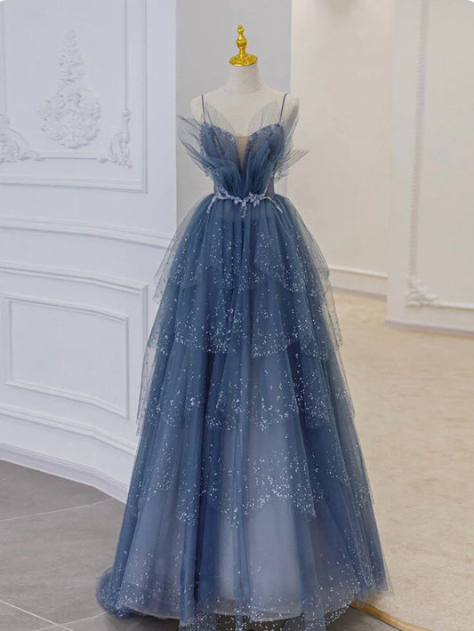 Gorgeous Blue Sparkly Tulle Beaded Prom Dress, Tiered Formal Gown With Rhinestone gh1001