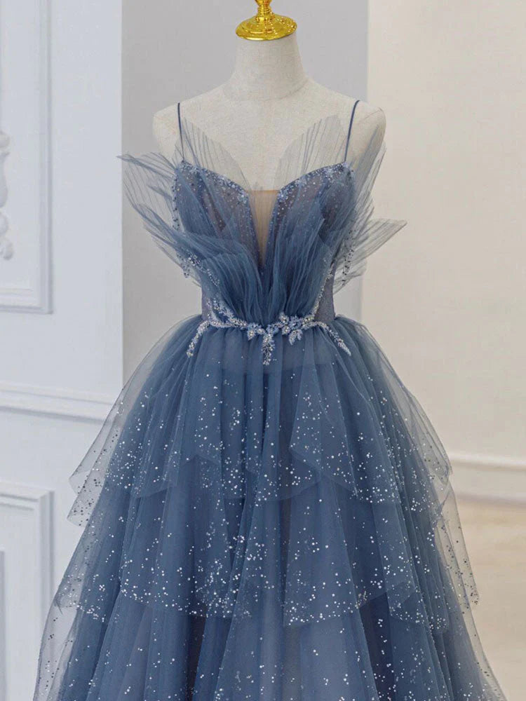 Wunderschönes blaues funkelndes Abendkleid aus Tüll mit Perlen, abgestuftes formelles Kleid mit Strass gh1001