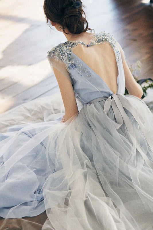 Blue backless exquisite beaded A-line long elegant ball gown formal evening gown wedding dress gh2286