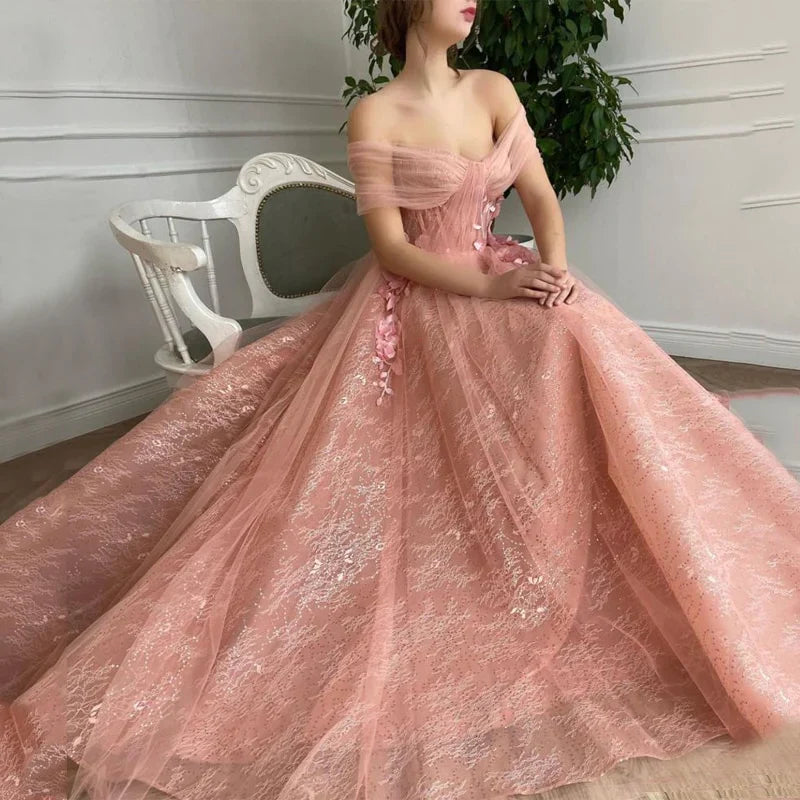 Off Shoulder Sweetheart 3D Flower Pleats Lace Pocket Tulle Prom Dresses Formal Wedding Party Gowns  gh2189