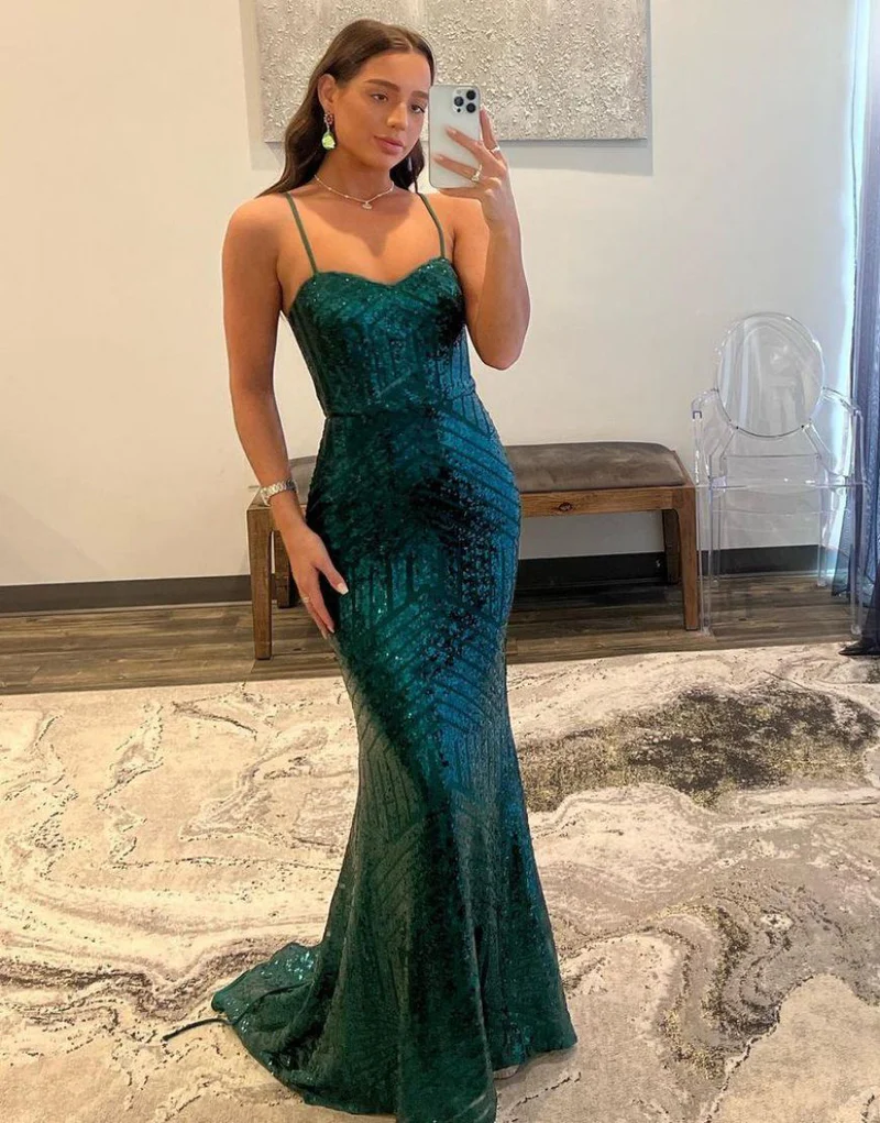 Meerjungfrau-Ballkleid mit Spaghettiträgern und Pailletten gh2699