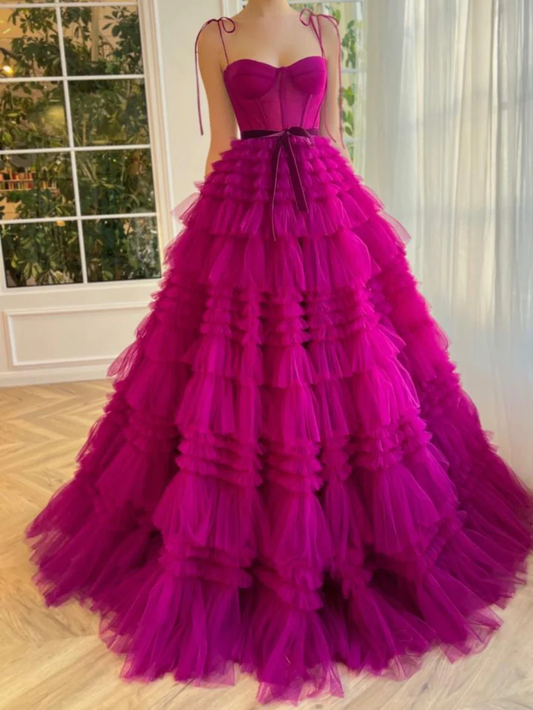 Robe de bal longue en tulle fuchsia sans bretelles gh2678