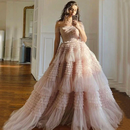 Robe de bal princesse en tulle à volants et épaules dénudées gh2681