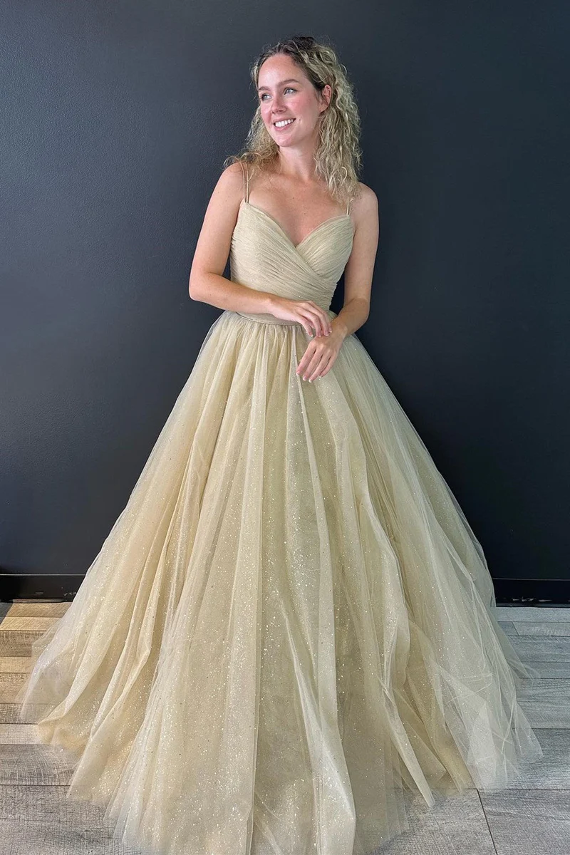 Robe de bal en tulle pailleté à col en V et dos lacé gh2706