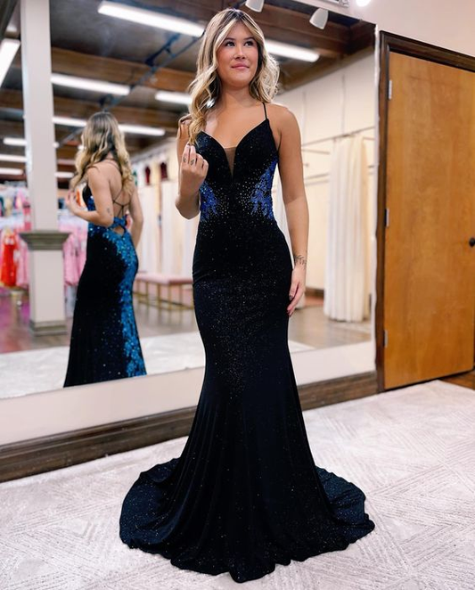 Black V-Neck Spaghetti-Strap Trumpet Evening Dress For Prom With Appliques gh2714