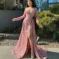 Langärmliges A-Linien-Ballkleid mit Pailletten, glänzendes rosa Abendkleid mit Schlitz gh2751