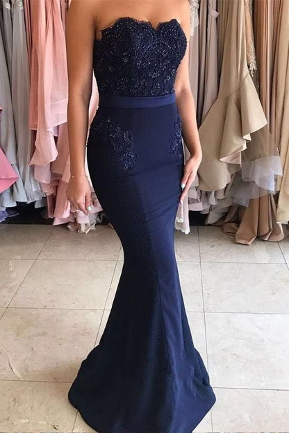 Sweetheart Lace Appliques Mermaid Prom Dress, Navy Long Bridesmaid Dress gh2712