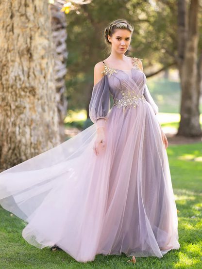 Wrap Top Tulle Half-Sleeve Appliques Prom Dresses gh2671