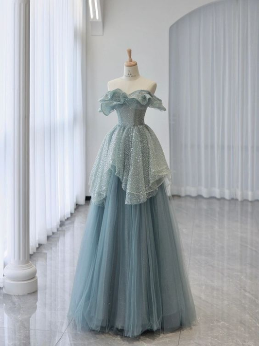 Robe de bal trapèze en tulle à épaules dénudées, longue robe de remise de diplôme bleue gh2731