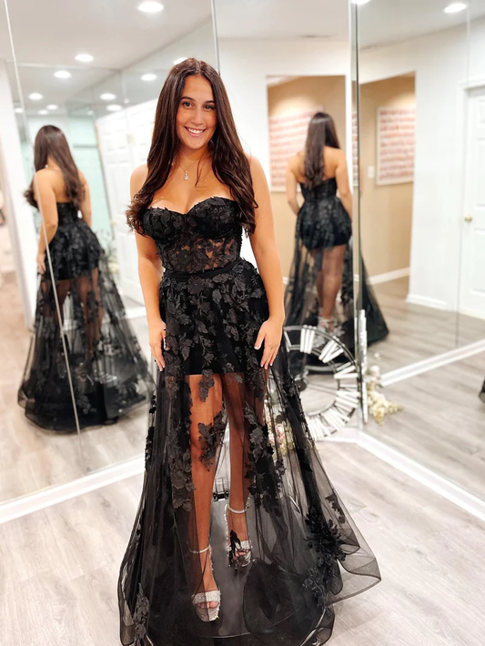 Robe de bal en tulle et dentelle sans bretelles coupe A gh2682