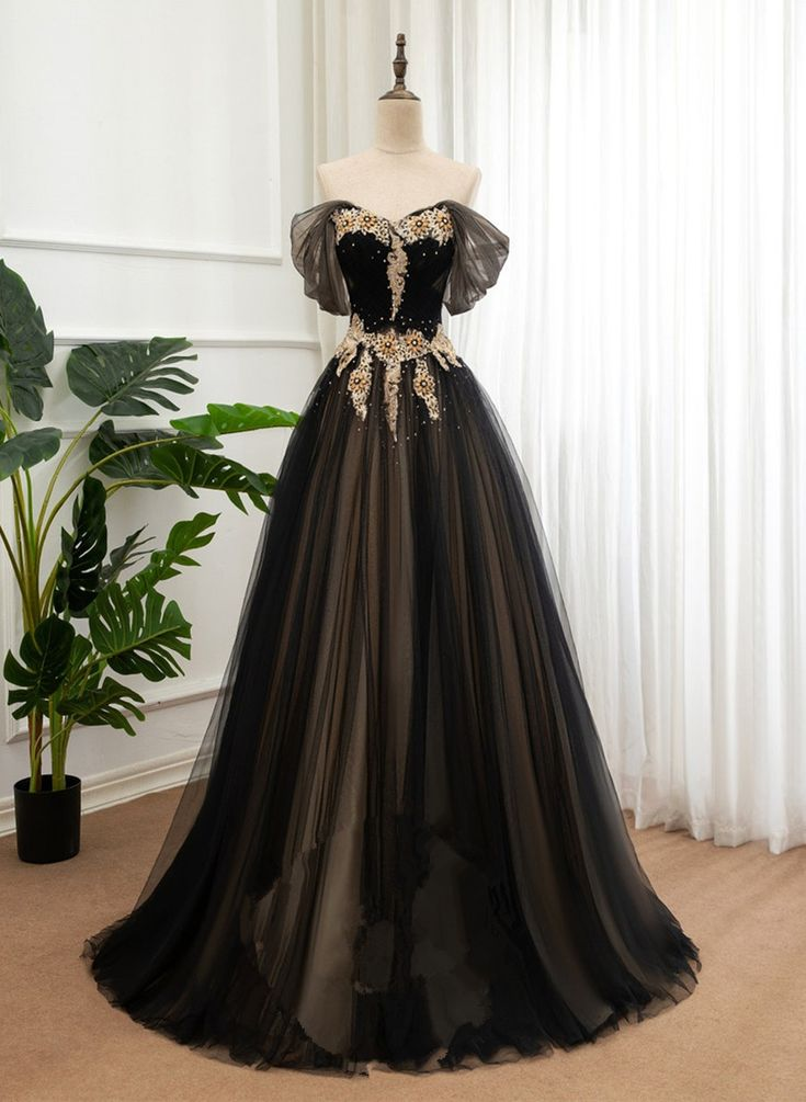 Black And Champagne Off Shoulder Long Formal Dress, A-line Prom Dress gh2758