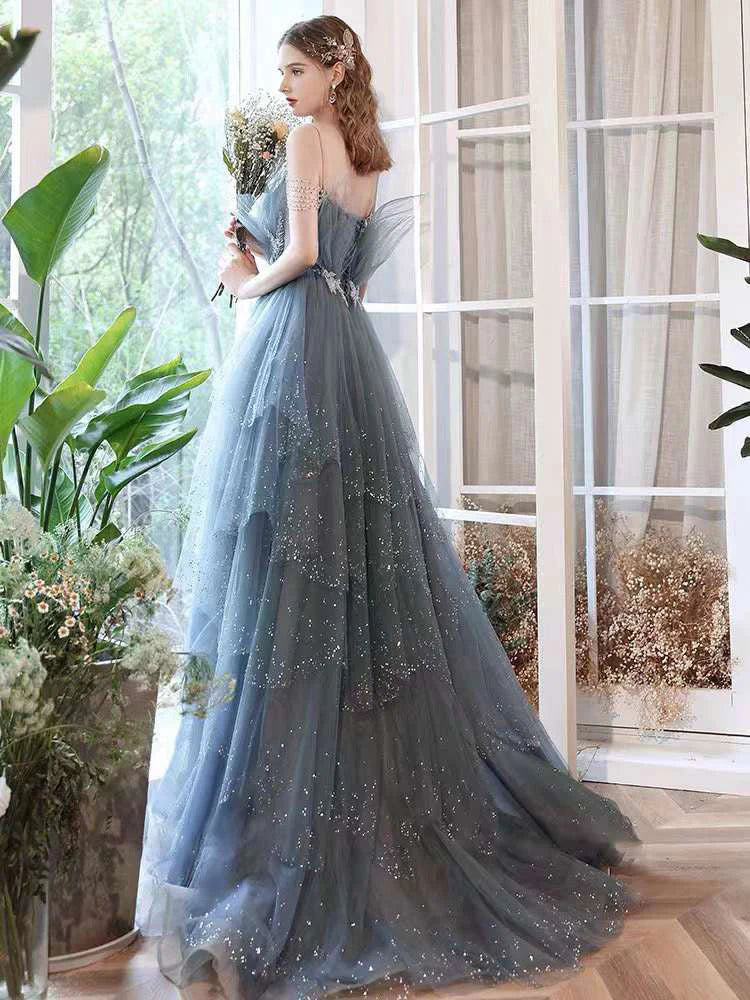 Wunderschönes blaues funkelndes Abendkleid aus Tüll mit Perlen, abgestuftes formelles Kleid mit Strass gh1001