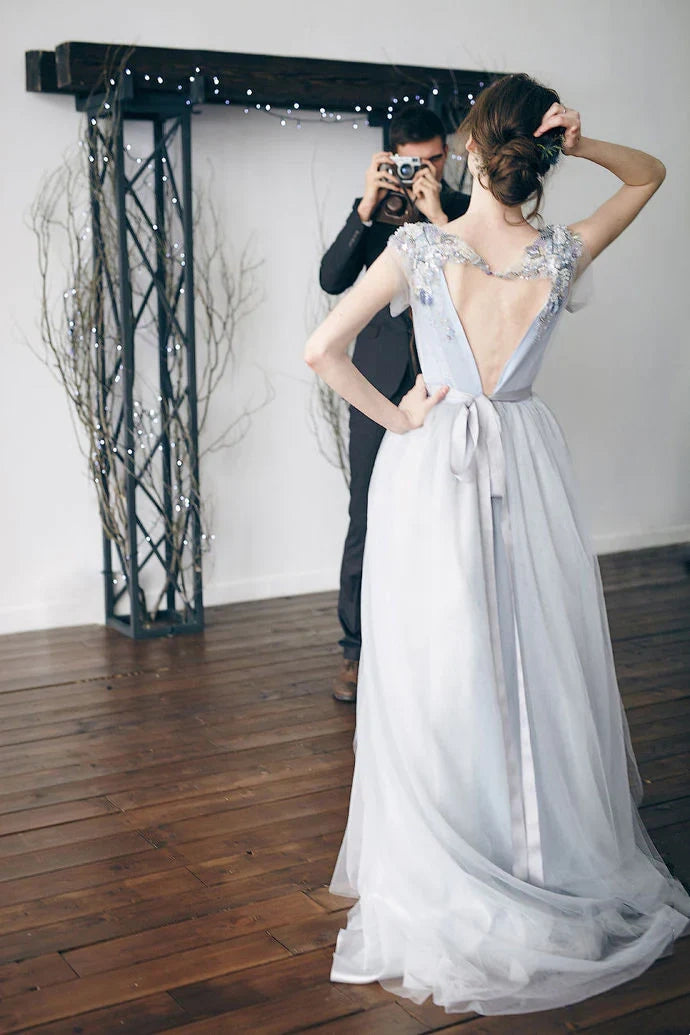 Blue backless exquisite beaded A-line long elegant ball gown formal evening gown wedding dress gh2286