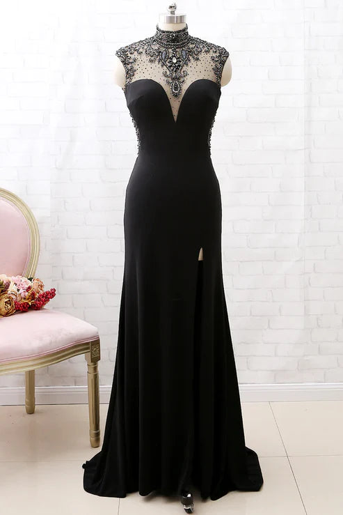 Robe de soirée sirène en tulle noir à col roulé et perles, robe de bal avec fentes (gh4897)