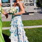 Blue elegant A-line layered chiffon floral backless long ball gown evening dress prom dress Graduation Dress gh2798