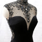 Robe de soirée sirène en tulle noir à col roulé et perles, robe de bal avec fentes (gh4897)