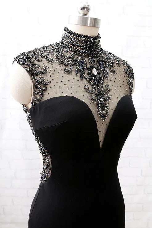 Robe de soirée sirène en tulle noir à col roulé et perles, robe de bal avec fentes (gh4897)