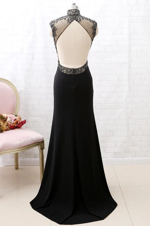 Robe de soirée sirène en tulle noir à col roulé et perles, robe de bal avec fentes (gh4897)