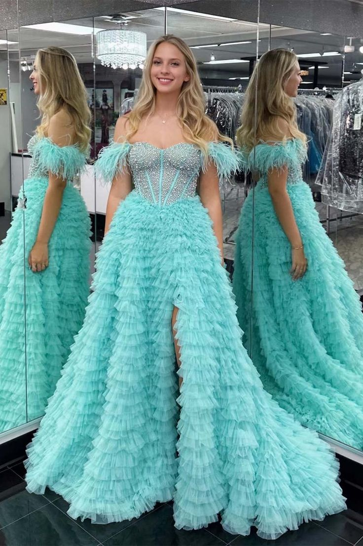 Cold Shoulder Beaded Feathers Tiered Long Prom Dress gh2779