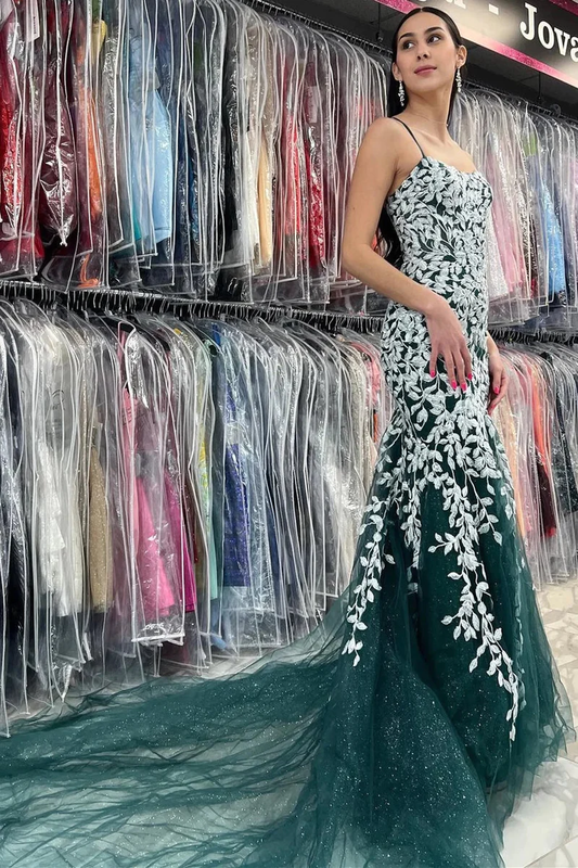Mermaid Spaghetti Straps Lace Tulle Prom Dress gh2690