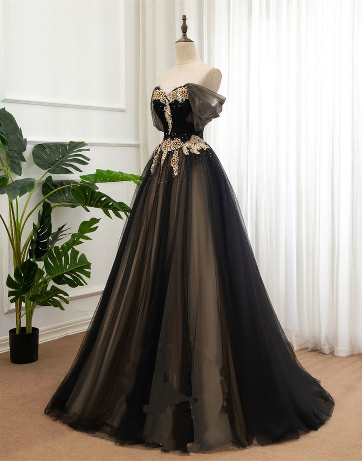 Black And Champagne Off Shoulder Long Formal Dress, A-line Prom Dress gh2758