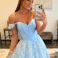 Schulterfreies, langes Ballkleid aus hellblauer Spitze, formelles Abendkleid aus hellblauer Spitze gh2727