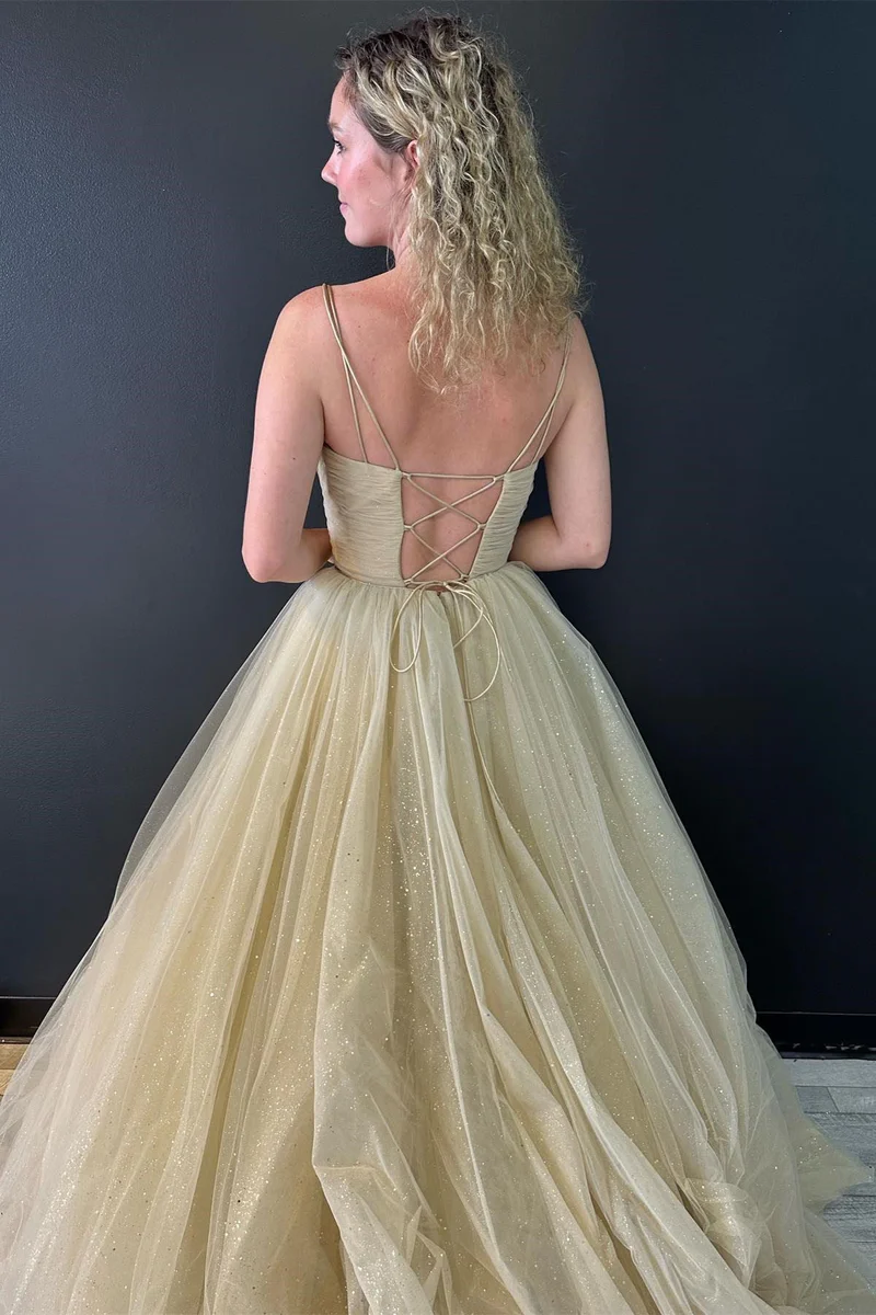 Robe de bal en tulle pailleté à col en V et dos lacé gh2706